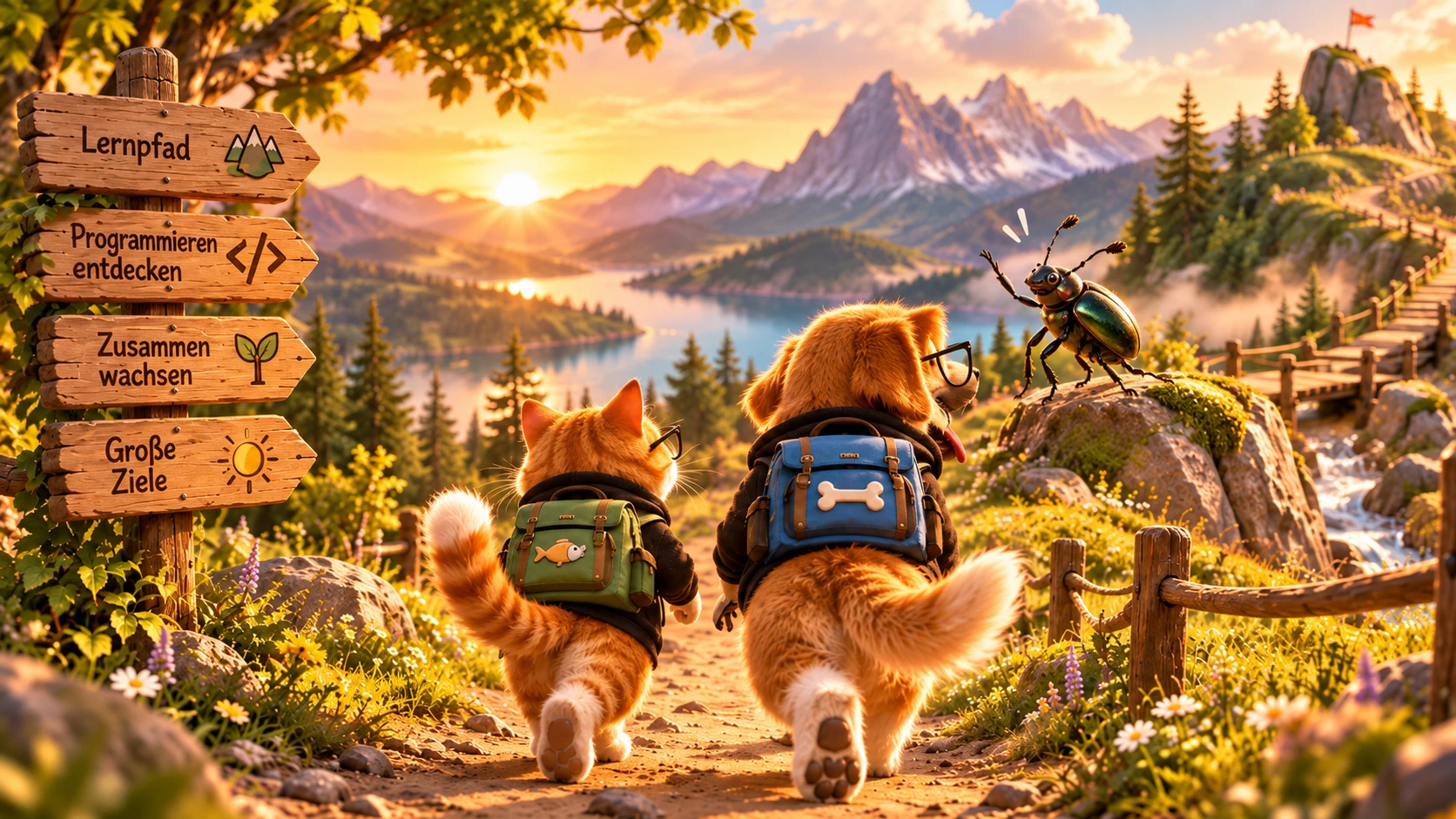 IT-Katze Bit und IT-Hund Byte wandern mit Rucksäcken auf einem Lernpfad bergauf, ein Bug winkt ihnen zu. Auf den Wegweisern steht: Lernpfad, Programmieren entdecken, Zusammen wachsen, Große Ziele.