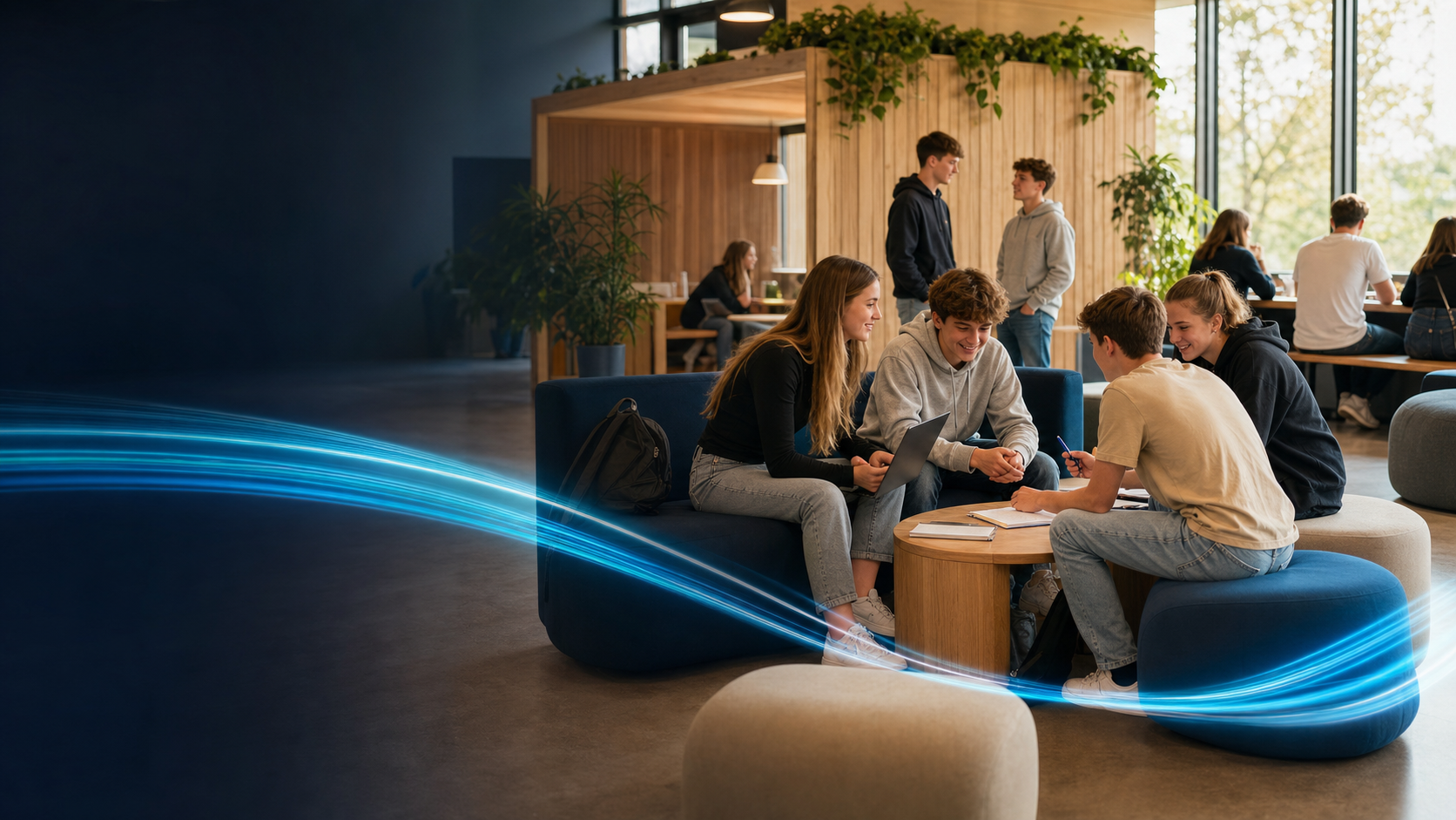 Schülerinnen und Schüler lernen gemeinsam in einer gemütlichen Schullounge